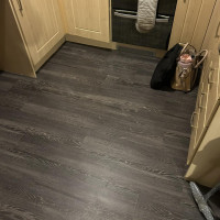 kitchen fitted with dark vinyl flooring